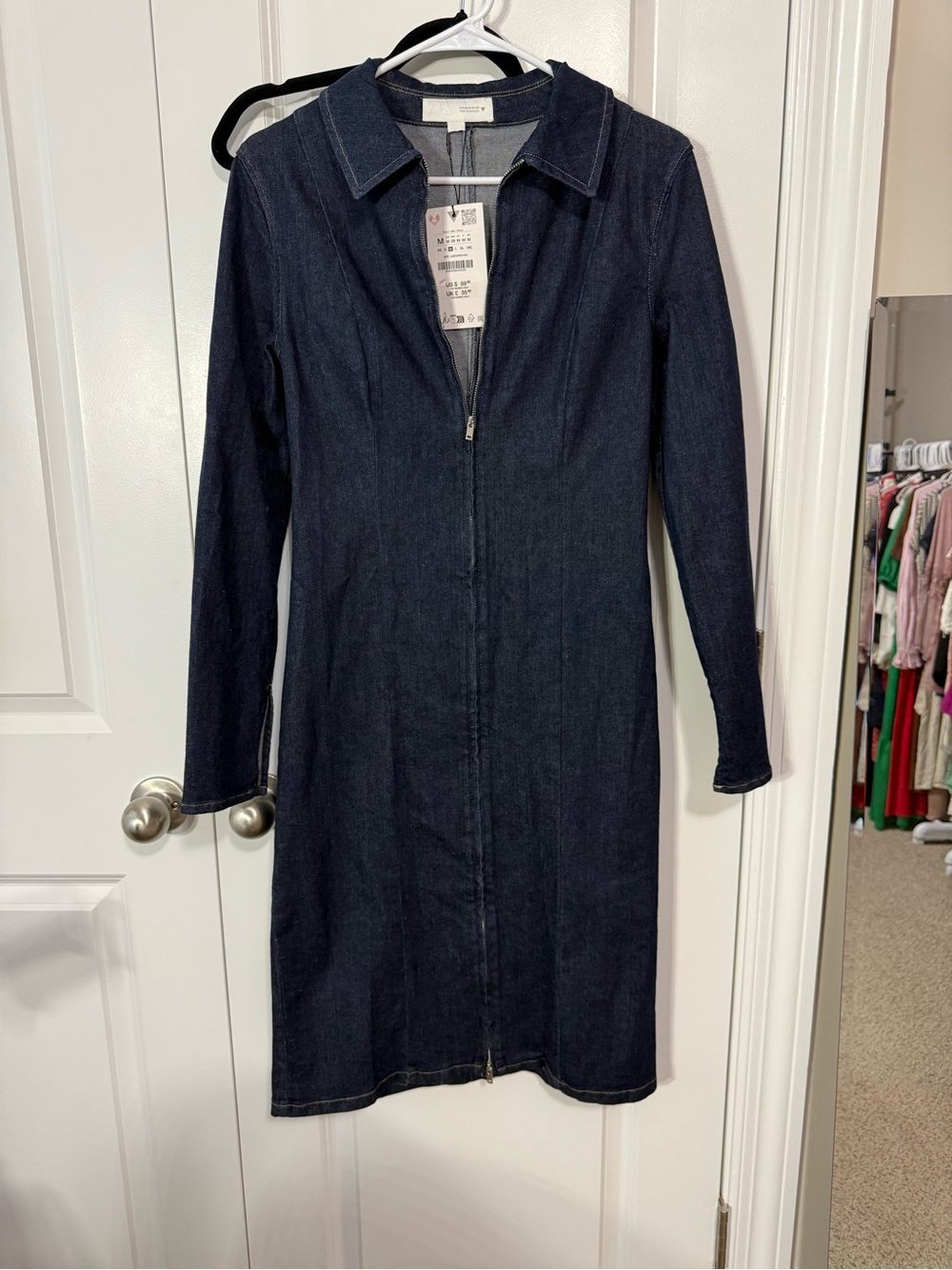 Zara Dark Indigo Long-Sleeve Zip-Front Denim Dress
